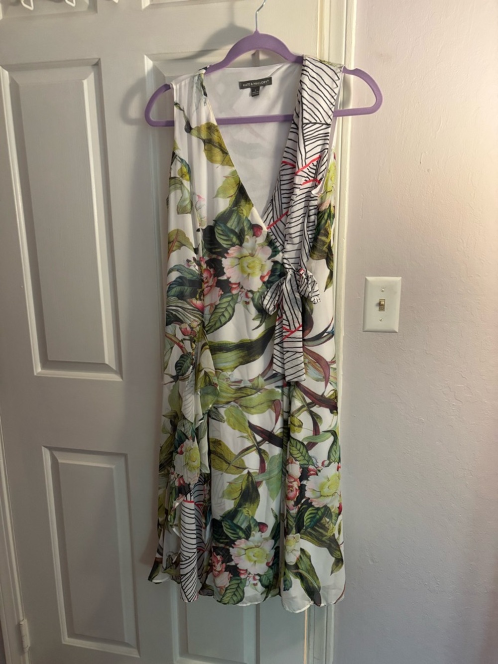 Kate & Mallory White Floral Wrap Midi Dress with Green Leaves